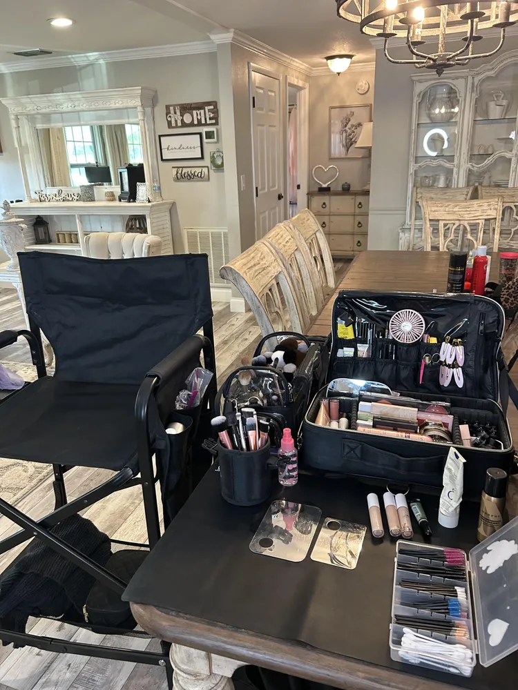 Nicole Jean's professional makeup kit, organized and ready for an on-location appointment